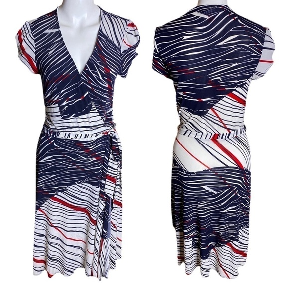 Boston Proper Faux Wrap Dress Red White Blue Size Small - Picture 1 of 9
